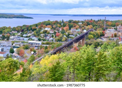 Panoramic View Of Downtown Parry Sound And Harbour With Elevated Rail Bridge