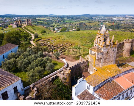 Panoramic view from drone of the castle Montemor o Novo. The Alcaides palace ruins. Evora district. Alentejo, Portugal