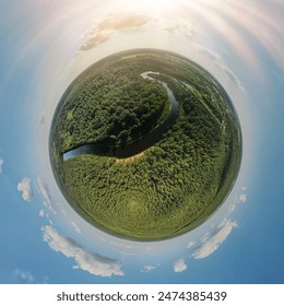 Panoramic view from drone, small planet and blue sky around the globe - Powered by Shutterstock