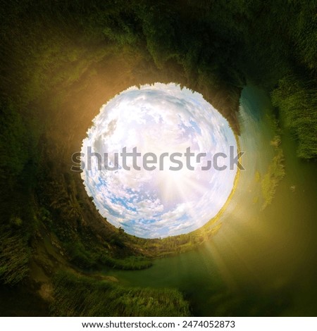 Panoramic view from drone, small planet and blue sky around the globe