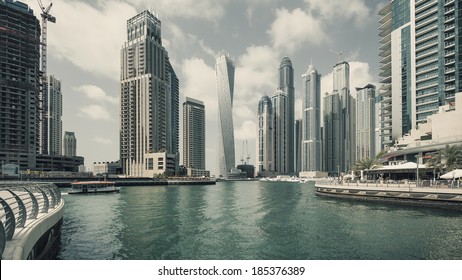 Panoramic View Of Dubai Marina. Dubai Marina Is An Artificial 3 Km Canal Carved Along The Persian Gulf Shoreline.