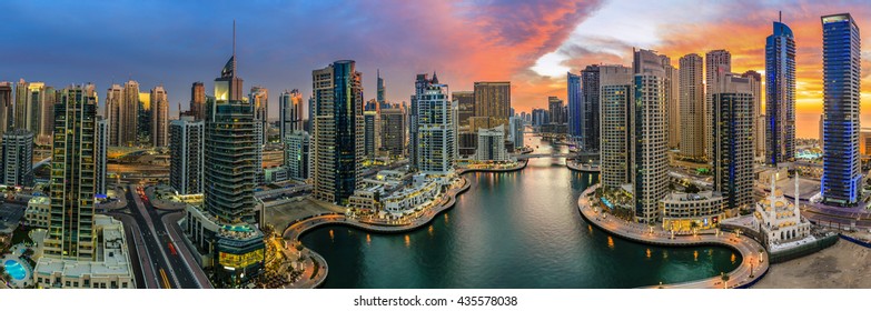 Panoramic view of Dubai Marina in UAE at sunset
