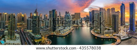 Panoramic view of Dubai Marina in UAE at sunset