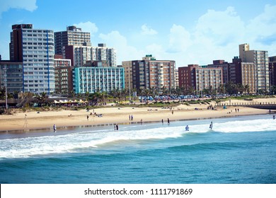Panoramic view of Durban's "Golden Mile" beachfront as seen from from the Indian Ocean with waves, KwaZulu-Natal province of South Africa