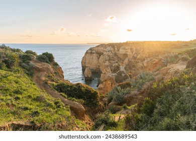 Panoramic view during the sunset, Ponta da Piedade near Lagos in Algarve, Portugal. Cliff rocks at Ponta da Piedade, Algarve region