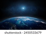 Panoramic view of the Earth and star. Sunrise over planet Earth, view from space. Elements of this image furnished by NASA