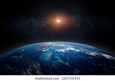 Panoramic view of the Earth and star. Sunrise over planet Earth, view from space. Elements of this image furnished by NASA