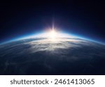 Panoramic view of the Earth, stars and galaxy. Planet Earth, view from space. Space fantasy. Elements of this image furnished by NASA.