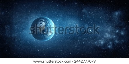 Panoramic view of the Earth, stars and galaxy. Planet Earth, view from space. Space fantasy. Elements of this image furnished by NASA.