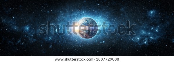 Panoramic view of the Earth, sun, star and galaxy.
Sunrise over planet Earth, view from space. Concept on the theme of
ecology, environment, Earth Day. Elements of this image furnished
by NASA.