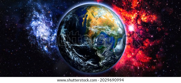 Panoramic view of the Earth, sun, star and galaxy.\
Sunrise over planet Earth, view from space . Elements of this image\
furnished by NASA
