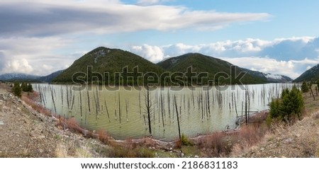 Panoramic View of Earthquake Lake with American Mountain Landscape. Cloudy Day Art Render. Montana, United States of America. Nature Background Panorama