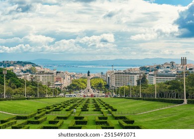 Panoramic view of Eduardo VII Park in Lisbon city, Portugal. View on Tagus river and Marquis of Pombal square from green geometrically shaped garden in Lisboa. Popular touristic destination in Europe - Powered by Shutterstock