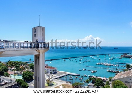 Panoramic view of Elevador Lacerda and the bay of all saints (Baia de Todos os Santos) in Salvador, Bahia. Famous tourist spot in Brazil.