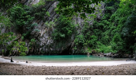 Panoramic view in Emerald Cave, a cave located on the west coast of Ko Muk Island, The paradise island of Ko Muk and Emerald Cave are part of the Trang, Thailand, Mind Meditation in wonderful nature - Shutterstock ID 2289112027