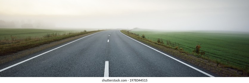 Panoramic view of the empty highway through the fields and forest in a fog at sunrise. Europe. Transportation, logistics, travel, road trip, freedom, driving. Rural scene