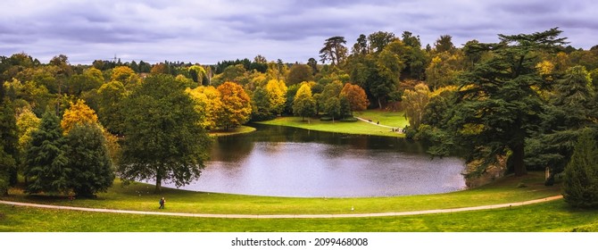 Panoramic view of English garden in autumn taken from high point