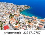 Panoramic view of Ermoupoli and Ano Syra towns in Syros island, Cyclades islands, Greece, Europe.