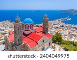 Panoramic view of Ermoupoli and Ano Syra towns in Syros island, Cyclades islands, Greece, Europe.