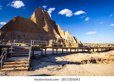 Panoramic view of eroded rock formation peaks along the Door Trail at Badlands National Park, South Dakota