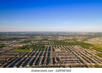 Panoramic View At Established Neighbourhood With Town Home Cottage Style Houses In Canada. Top Aerial View At Middle Class Family Homes With Large Backyard And Green Front Yards. Very Clean Area.