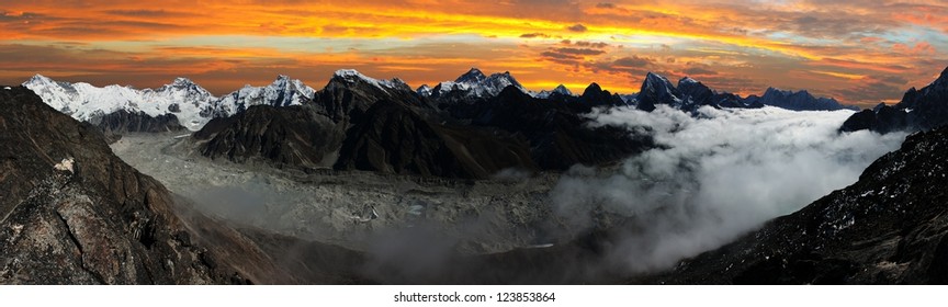 panoramic view of Everest, Lhotse, Cho Oyu and Ngozumba glacier