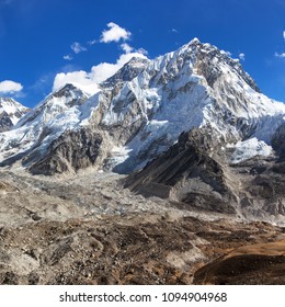 Panoramic view of Everest and Nuptse with beautiful clouds on sky, Khumbu valley and glacier, Sagarmatha national park, Nepal Himalayas mountains
