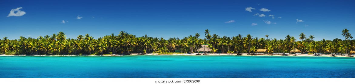 Panoramic view of Exotic Palm trees and lagoon on the tropical Island beach - Shutterstock ID 373072099