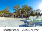 Panoramic view of Eyup Sultan Mosque and Square in Istanbul. Ramadan, islamic new year, islamic art and architecture background photo.