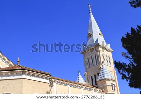 A panoramic view of the facade of St. Nicholas Cathedral in Da Lat, Vietnam, showcasing the main tower, side towers, and statue of the Virgin Mary. It displays the complete architectural structure of a French-style church, making it suitable for cultural tourism promotion, architectural photography, religious scenes, and city landmark illustrations.