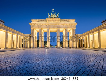 Panoramic view of famous Brandenburger Tor (Brandenburg Gate), one of the best-known landmarks and national symbols of Germany, in twilight during blue hour at dawn, Berlin, Germany