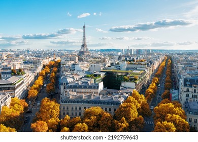 panoramic view of famous Eiffel Tower landmark and Paris boulevard streets at fall, Paris France