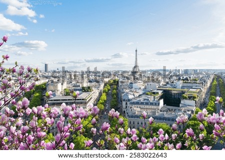 panoramic view of famous Eiffel Tower and Paris roofs with spring flowers, Paris France