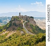 Panoramic view of the famouse medieval citadel of Civita town with the elevated walkway (Italy - Lazio - Viterbo - Bagnoregio).