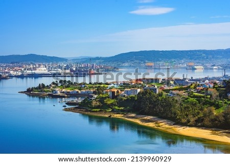 Panoramic view of Ferrol estuary from an elevated viewpoint in Galicia Spain