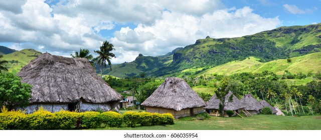 Panoramic view of Fijian bures in Navala village in the Ba Highlands of northern-central Viti Levu, Fiji. It is one of the few settlements in Fiji which remains fully traditional architecturally.