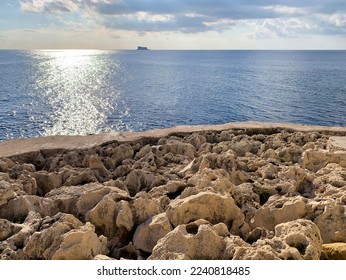 Panoramic view Filfa island (Malta) and rock shore in the foreground  Artistic photo little maltese island Filfla during sunset hours  December in Malta