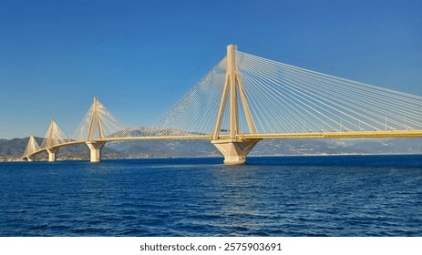 Panoramic view of the first-class, stylish Rio-Antirrio suspension bridge over the Strait of Rion, Greece