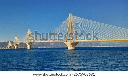 Panoramic view of the first-class, stylish Rio-Antirrio suspension bridge over the Strait of Rion, Greece