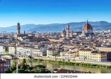 Panoramic view of Florence, Italy viewed from Piazzale Michelangelo before sunset with the view of Arno river. 