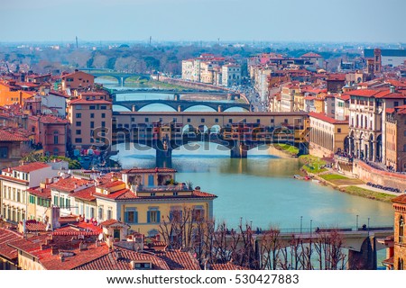 Panoramic view of Florence with  Ponte Vecchio over Arno river -  Florence, Italy