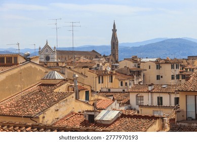 Panoramic view of Florence with rooftops and  Basilica of Santa Croce, Tuscany, Italy