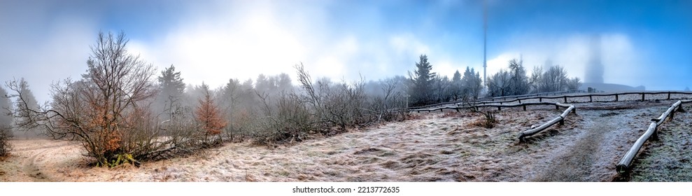 Panoramic View Of The Foggy Frosty Winter Landscape On The Großer Feldberg, Taunus, Hesse, Germany