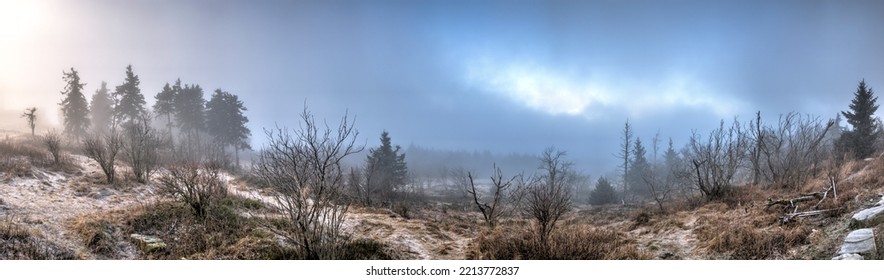 Panoramic View Of The Foggy Frosty Winter Landscape On The Großer Feldberg, Taunus, Hesse, Germany