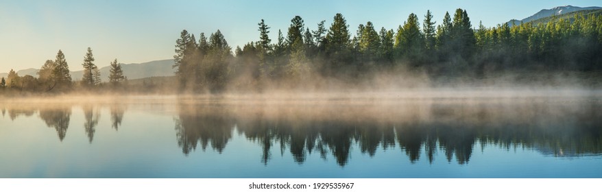 Panoramic View Of Forest Lake In Morning Fog, Summer Travel