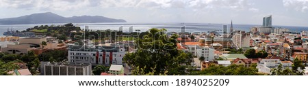The panoramic view of Fort-de-France view with Saint Louis cathedral in Martinique island, French West Indies.