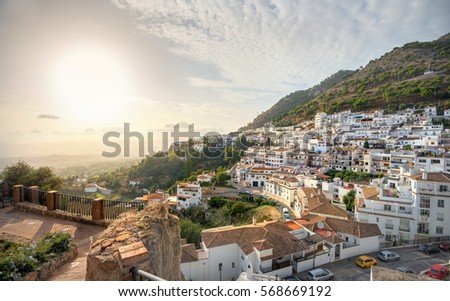 Panoramic view from fortress wall of Mijas village at sunset. Costa del Sol, Andalusia, Spain