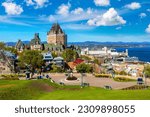 Panoramic view of Frontenac Castle (Fairmont Le Chateau Frontenac) in Old Quebec City, Canada