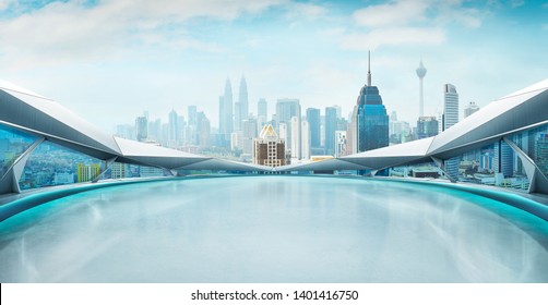 Panoramic view of futuristic geometric shapes design empty floor with city skyline . Morning scene .