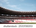 Panoramic view of Gelora Bung Karno Stadium, an iconic sports complex located in Jakarta, Indonesia. The stadium